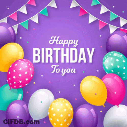 A Purple Background With Balloons And A Happy Birthday To You Message GIF