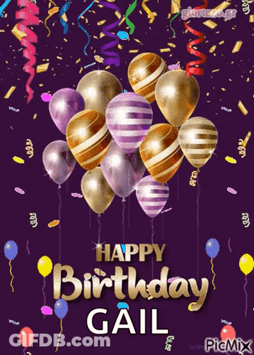 A Purple Background With Balloons And Confetti And The Words Happy Birthday Gail GIF