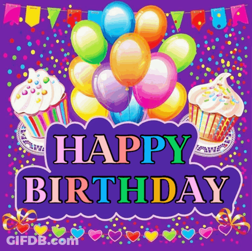 A Purple Background With Balloons And Cupcakes And The Words Happy Birthday GIF