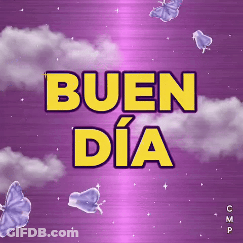 A Purple Background With Butterflies And The Words Buen Dia In Yellow Letters GIF