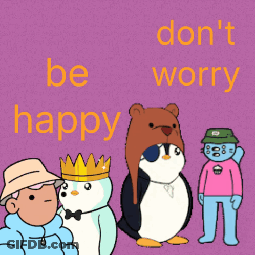A Purple Background With Cartoon Characters And The Words " Don T Be Worry " GIF
