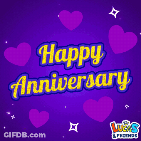 A Purple Background With Hearts And The Words Happy Anniversary Lucas & Friends GIF