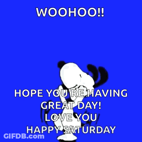 A Purple Background With Snoopy And The Words Woohoo Hope You 'Re Having Great Day Love You GIF
