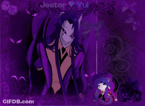 A Purple Background With The Name Jester Yui GIF