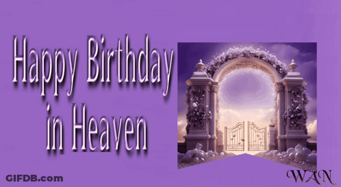 A Purple Background With The Words Birthday Heaven And A Picture Of A Dove GIF