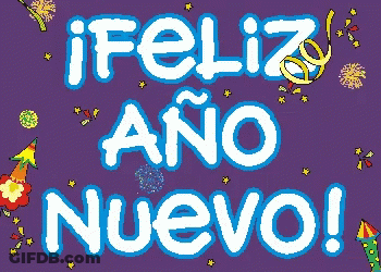 A Purple Background With The Words Feliz Ano Nuevo In Yellow Letters GIF
