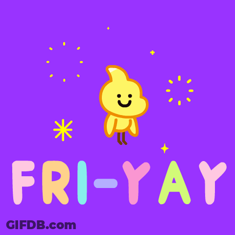 A Purple Background With The Words Fri-Y-Ay And A Yellow Chicken GIF