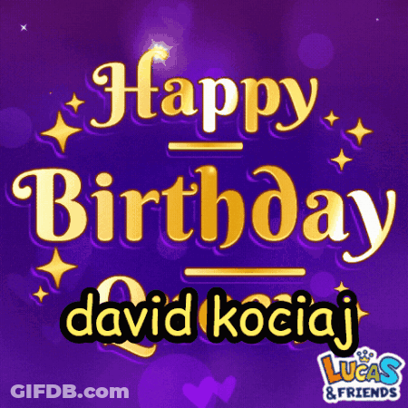 A Purple Background With The Words Happy Birthday David Kociaj In Gold Letters GIF