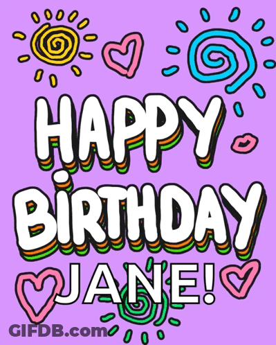 A Purple Background With The Words Happy Birthday Jane Written In White GIF