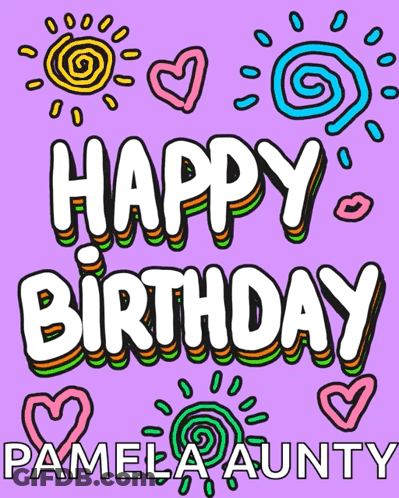 A Purple Background With The Words Happy Birthday Pamela Aunty On It GIF