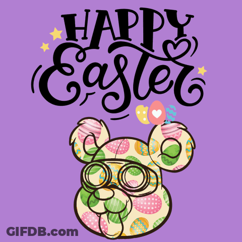 A Purple Background With The Words Happy Easter And A Bear With Easter Eggs On It GIF