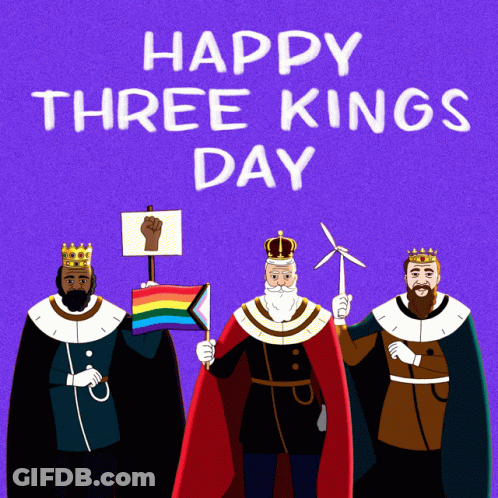 A Purple Background With The Words Happy Three Kings Day Written On It GIF