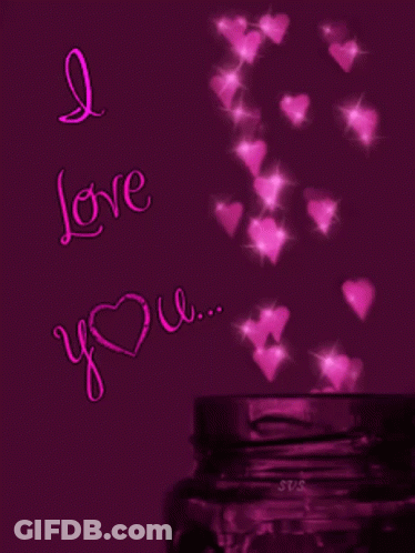 A Purple Background With The Words " I Love You " And Pink Hearts GIF