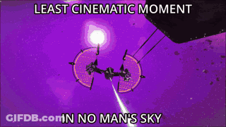 A Purple Background With The Words " Least Cinematic Moment In No Man 'S Sky " At The Bottom GIF