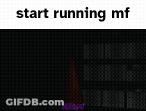 A Purple Background With The Words `` Start Running Mf '' And `` Twenty Minutes Later '' . GIF
