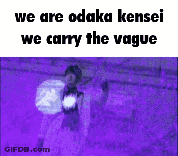 A Purple Background With The Words `` We Are Odaka Kensei We Carry The Vague '' Written On It . GIF