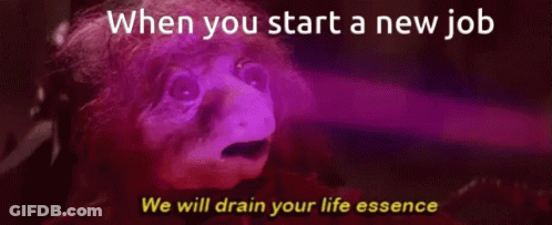 A Purple Background With The Words When You Start A New Job GIF