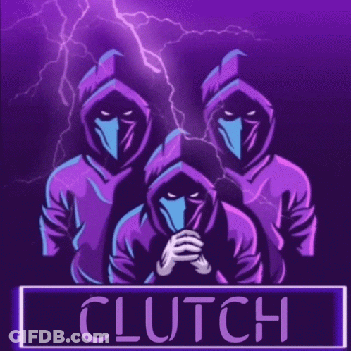 A Purple Background With Three Hooded Figures And The Word Clutch At The Bottom GIF