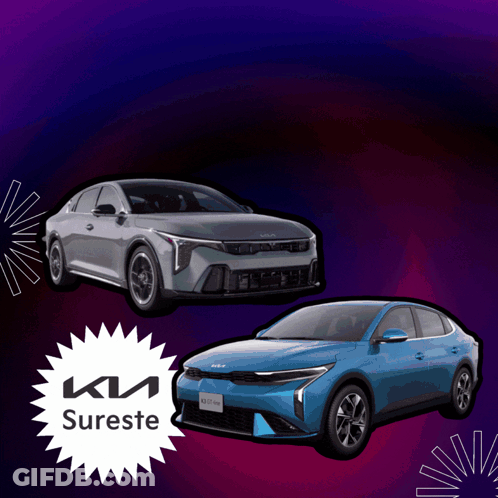 A Purple Background With Two Cars And A Kia Sureste Sticker GIF