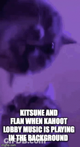 A Purple Background With Two Cats And The Words `` Kitsune And Flan When Kahoot Lobby Music Is Playing In The Background GIF