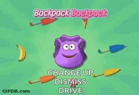A Purple Backpack Is Surrounded By Bananas , Ice Cream Cones And Umbrellas . GIF