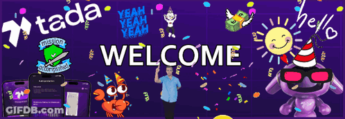 A Purple Banner That Says " You Are Welcome " Is Surrounded By Cartoon Characters GIF