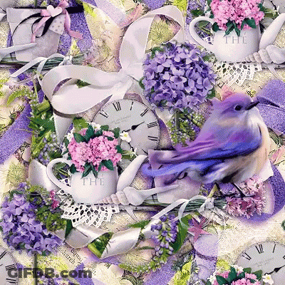 A Purple Bird Is Surrounded By Purple Flowers And A Clock That Says " The " GIF
