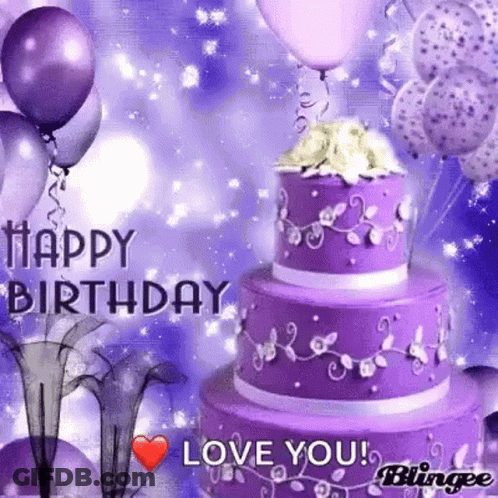 A Purple Birthday Cake With Balloons And Flowers Is On A Purple Background . GIF