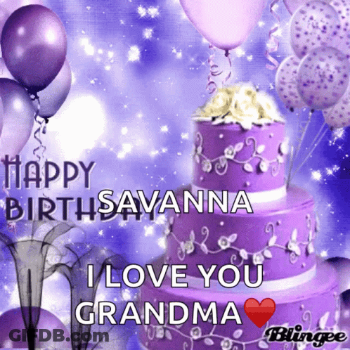 A Purple Birthday Cake With The Words Happy Birthsavannah I Love You Grandma On It GIF