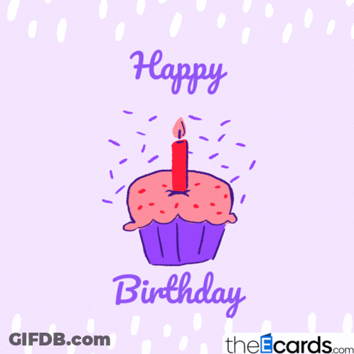 A Purple Birthday Card With A Cupcake And A Candle GIF