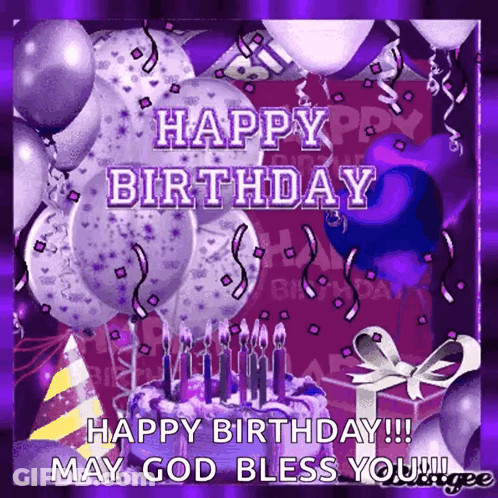 A Purple Birthday Card With Balloons And Candles And The Words Happy Birthday May God Bless You GIF