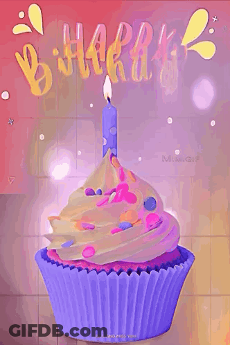 A Purple Birthday Cupcake With A Blue Candle On Top Of It . GIF