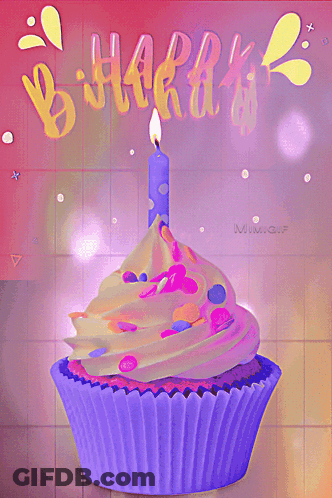 A Purple Birthday Cupcake With A Lit Candle On Top GIF
