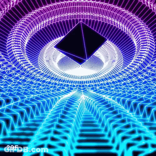 A Purple , Blue And White Optical Illusion With A Pyramid In The Middle . GIF