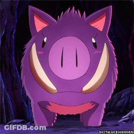 A Purple Boar With A Pink Nose And Big Tusks GIF