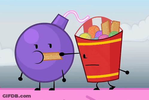 A Purple Bomb Is Standing Next To A Red Bucket Of Crackers GIF