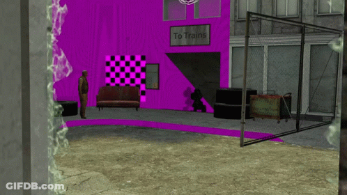 A Purple Building With A Sign That Says To Trains On It GIF