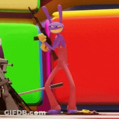 A Purple Bunny Holding A Gun In Front Of A Colorful Backdrop GIF
