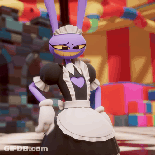 A Purple Bunny Wearing A Maid Outfit With A Heart On The Chest GIF