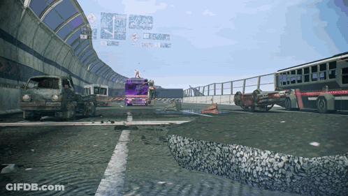 A Purple Bus Is Driving Down A Highway Next To A Gray Truck GIF