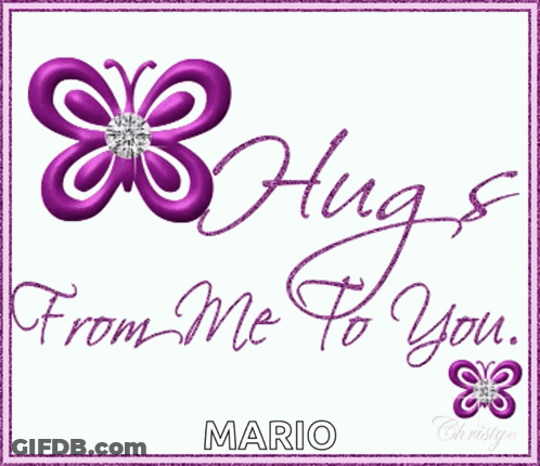 A Purple Butterfly With The Words Hugs From Me To You On It GIF