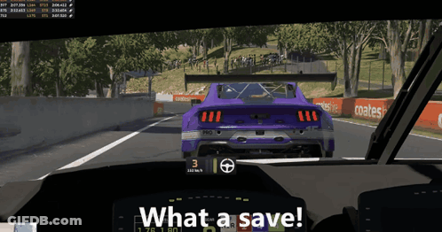 A Purple Car Is Driving Down A Race Track And The Words What A Save Are On The Dashboard GIF