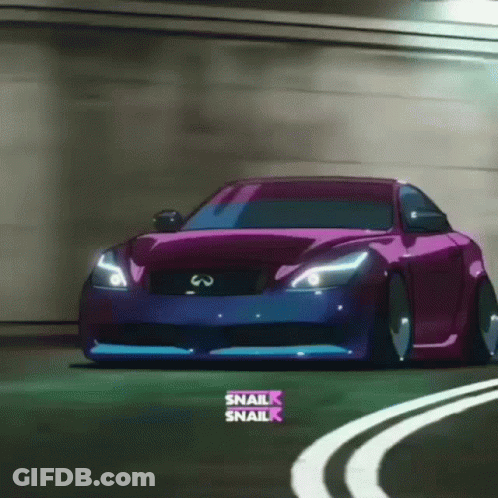 A Purple Car Is Driving Down A Road With A Sign That Says Snail On It GIF