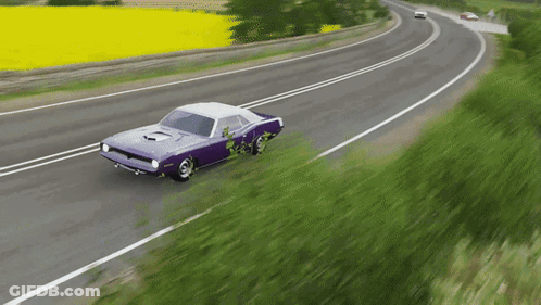 A Purple Car Is Driving Down A Road With A Yellow Field In The Background GIF