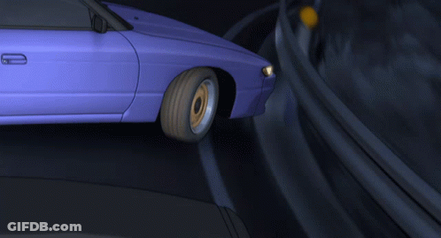 A Purple Car Is Driving Down A Road With A Yellow Tire GIF