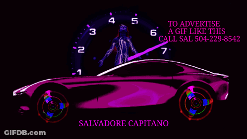 A Purple Car Is In Front Of A Clock That Says " To Advertise A Gif Like This Call Sal " GIF