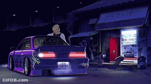 A Purple Car With The License Plate Number 32-54 GIF