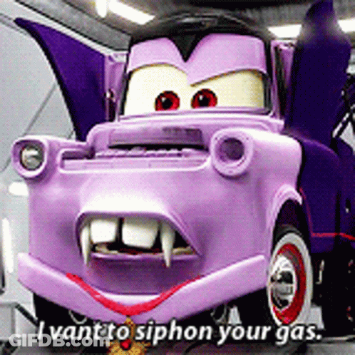 A Purple Cartoon Car With Vampire Teeth Is Saying I Want To Siphon Your Gas GIF