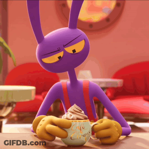 A Purple Cartoon Character Holding A Cup Of Cafe Croque GIF