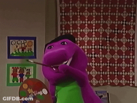 A Purple Cartoon Character Holding A Palette And A Rainbow GIF